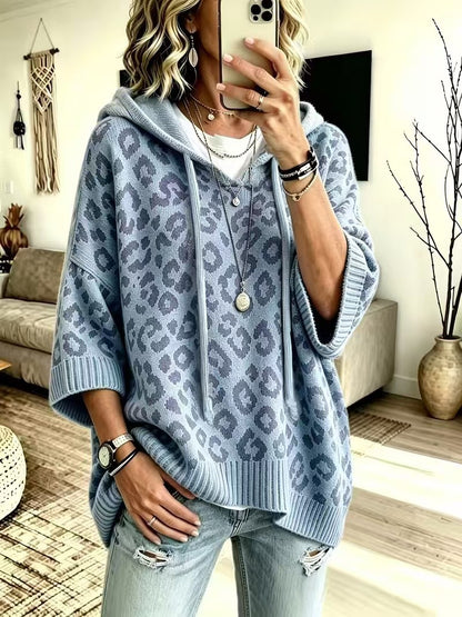 Kaia | Leopard Print Hooded Knit Poncho Sweater