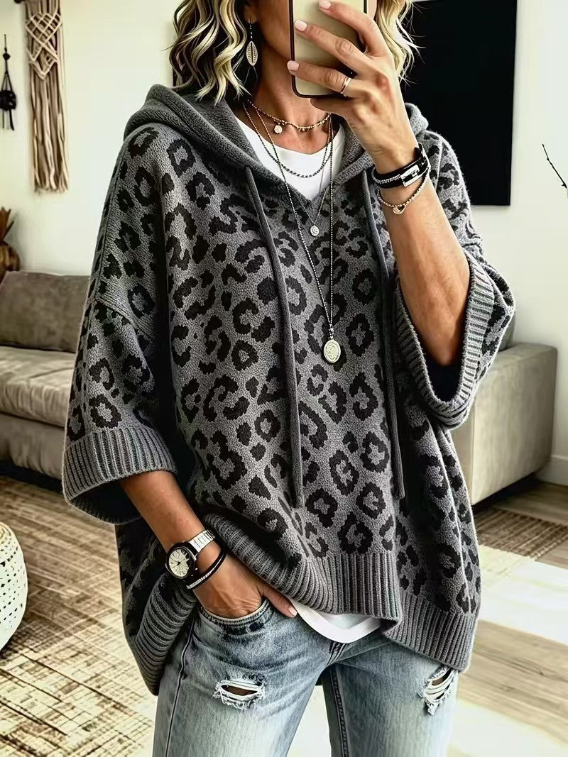 Kaia | Leopard Print Hooded Knit Poncho Sweater