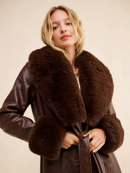 Odette | Long Faux Leather Coat with Fur Trim