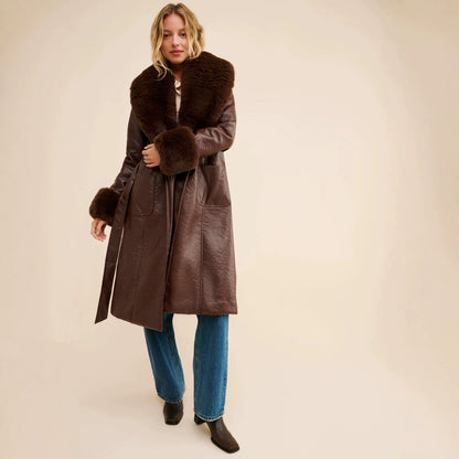 Odette | Long Faux Leather Coat with Fur Trim