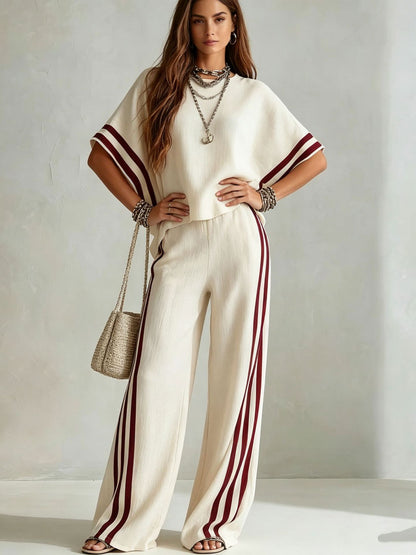 Bohemian Cream Relaxed Top & Wide-Leg Pants Two-Piece Set