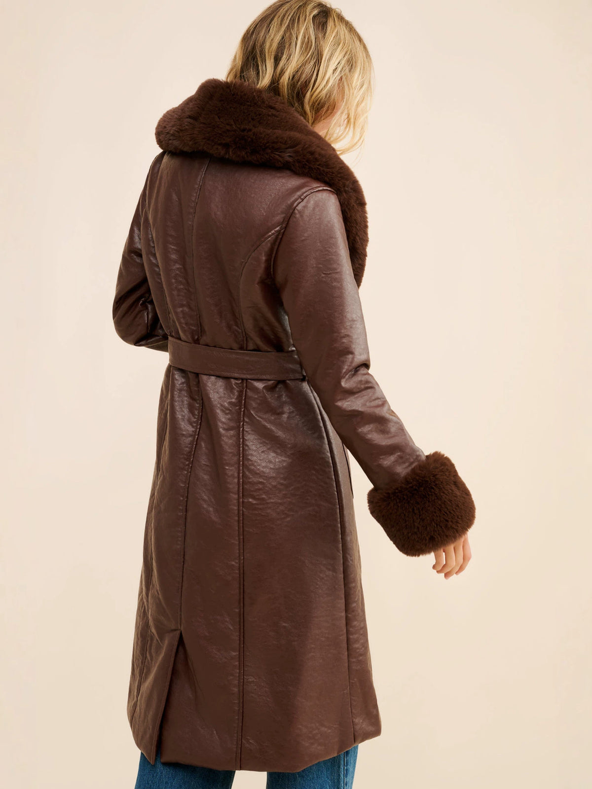 Odette | Long Faux Leather Coat with Fur Trim