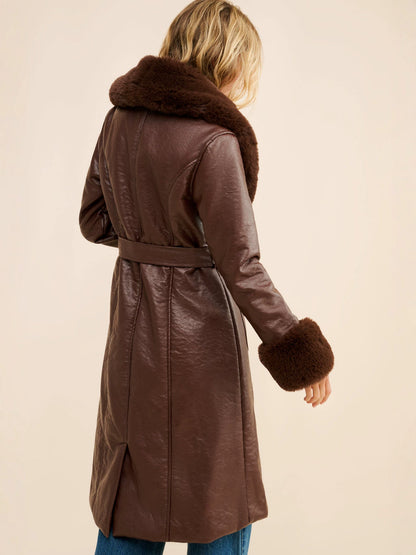 Odette | Long Faux Leather Coat with Fur Trim