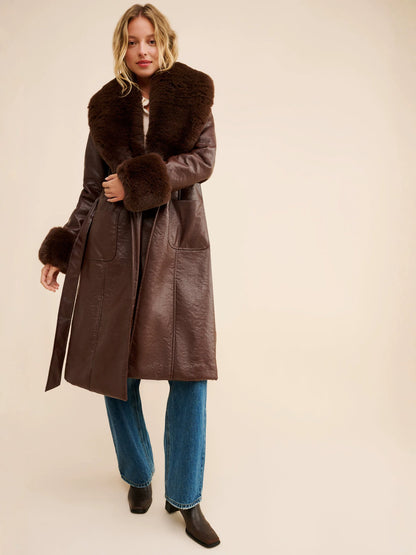 Odette | Long Faux Leather Coat with Fur Trim