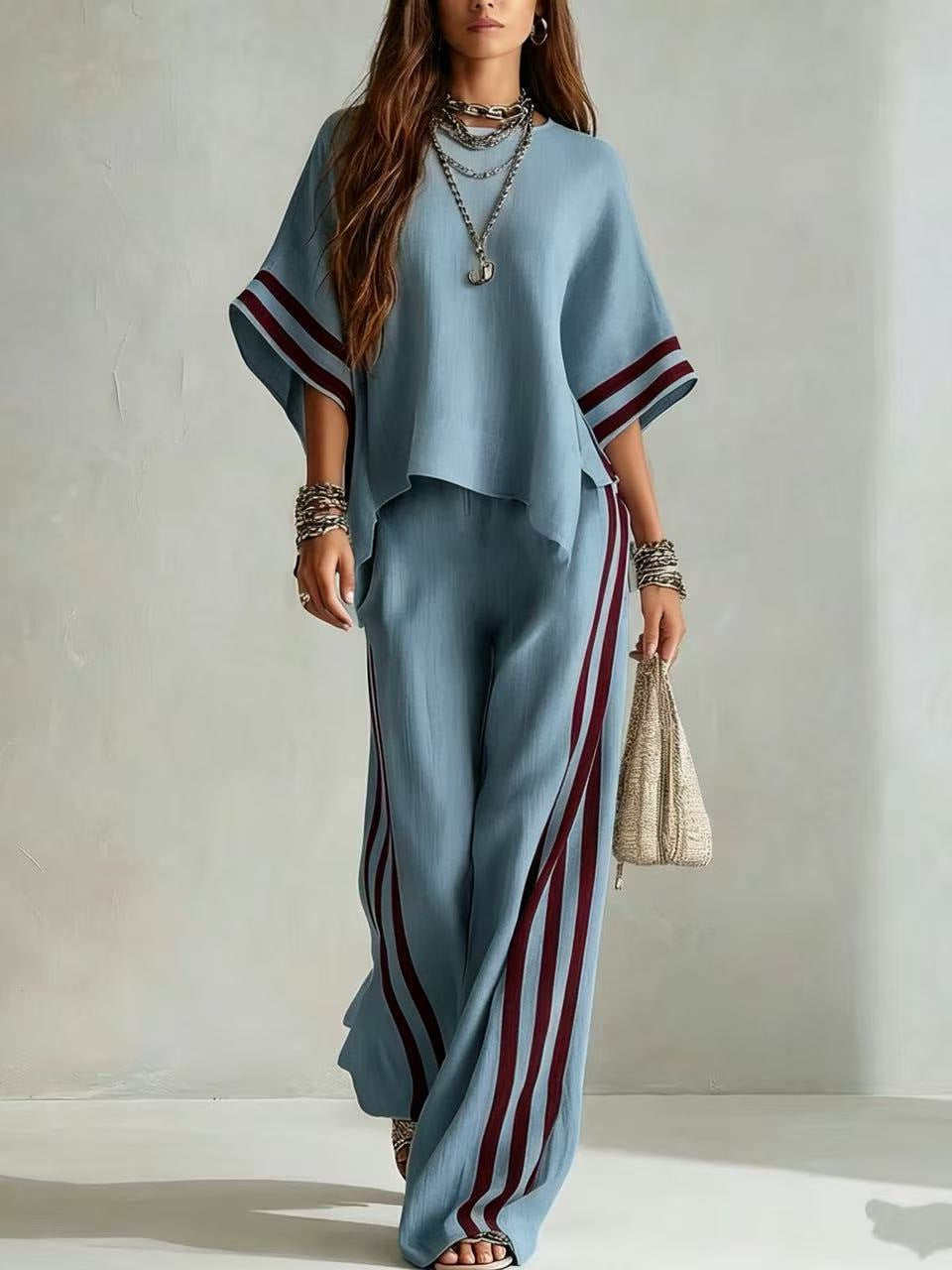 Bohemian Cream Relaxed Top & Wide-Leg Pants Two-Piece Set