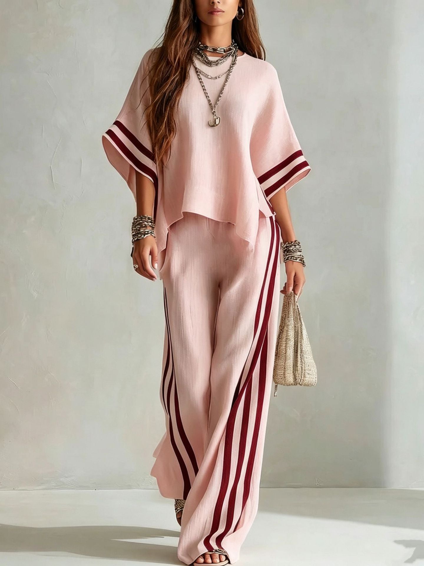 Bohemian Cream Relaxed Top & Wide-Leg Pants Two-Piece Set