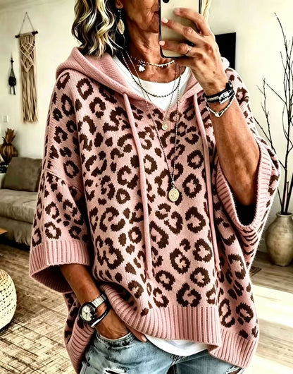 Kaia | Leopard Print Hooded Knit Poncho Sweater