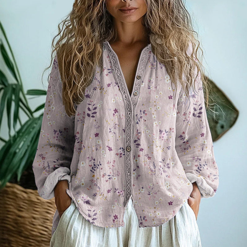 Elena — Vintage Leaf Print Button-Down Shirt