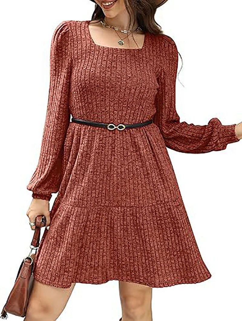 Womens Square Neck Long Sleeve Fall Tunic Dresses Casual Babydoll Sweater Dress with Pockets