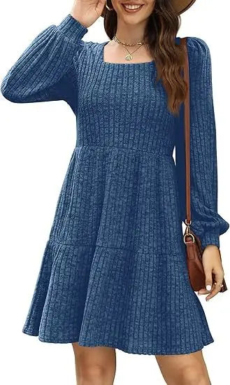 Womens Square Neck Long Sleeve Fall Tunic Dresses Casual Babydoll Sweater Dress with Pockets