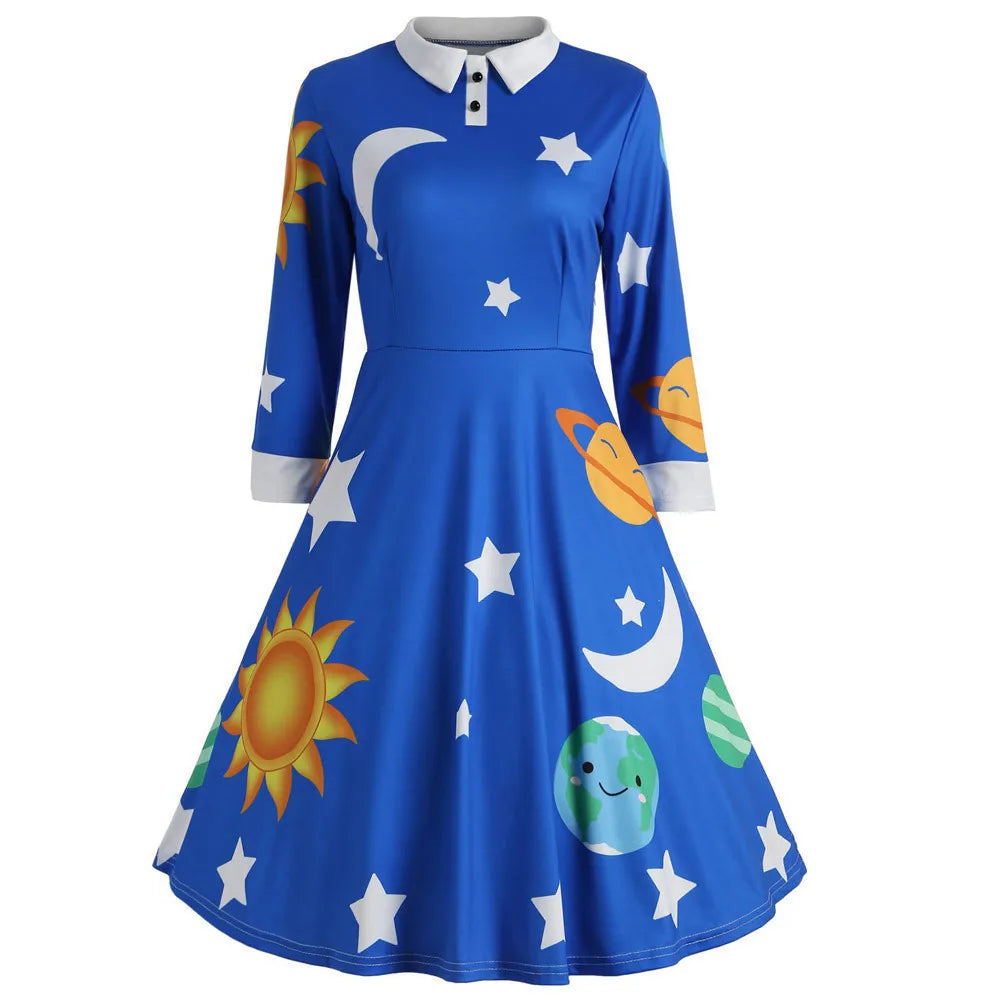 Magic School Bus Cosplay Ms.frizzle Costume Solar System Long Sleeves Gown Elegant Printed Blue Green Purple Girl Dress