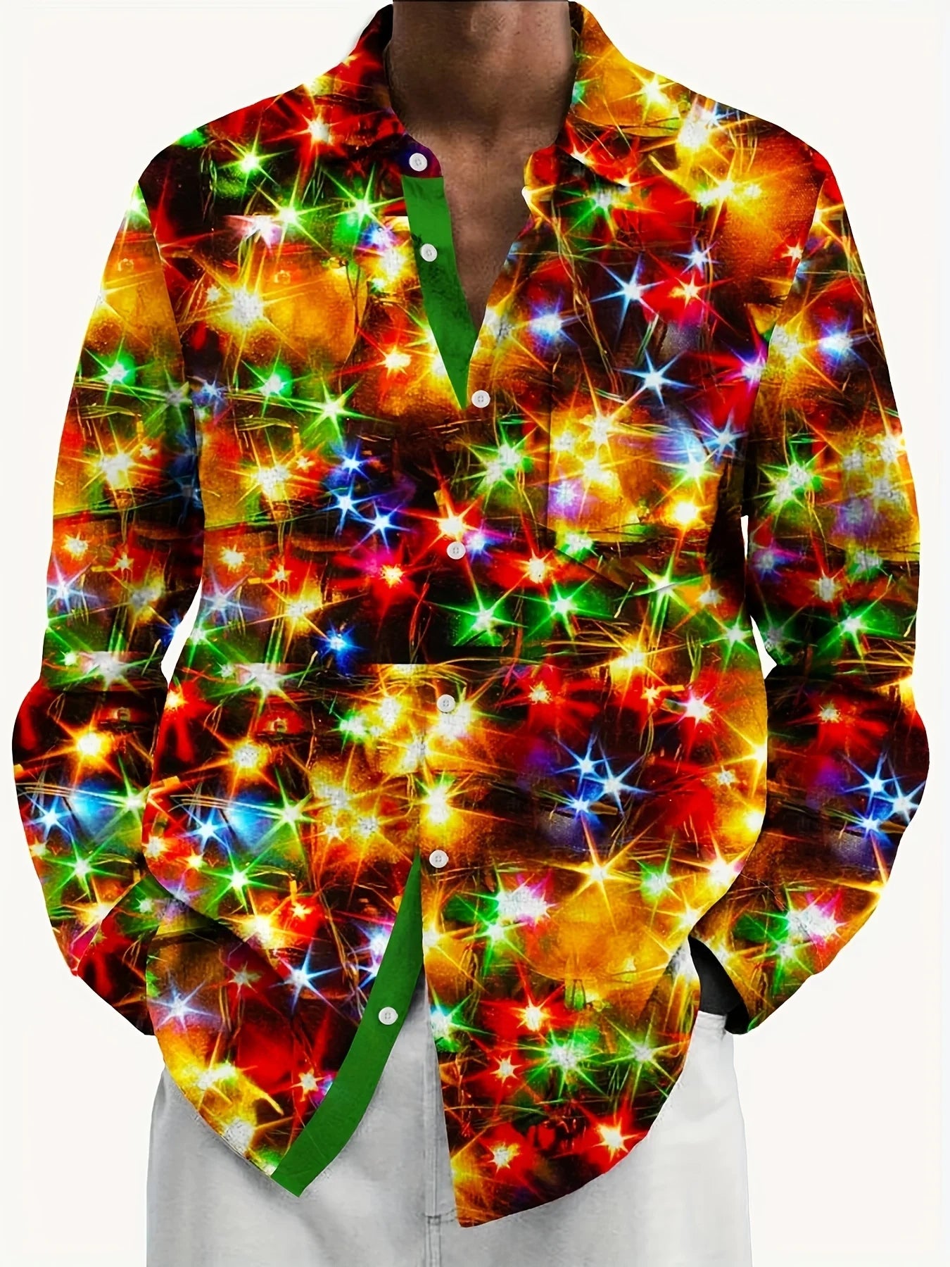 Christmas Gold Neon Men's Long Sleeve Shirts Stretch Plus Size Drama Costume Button Shirts