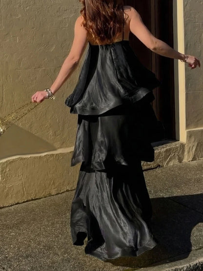 Satin Layered Maxi Dress Sleeveless Elegant Vacation Party Gown
