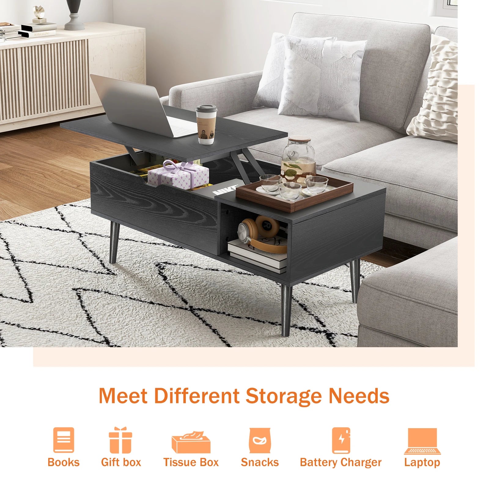 Dumos Modern Lifting Coffee Table with Hidden Storage
