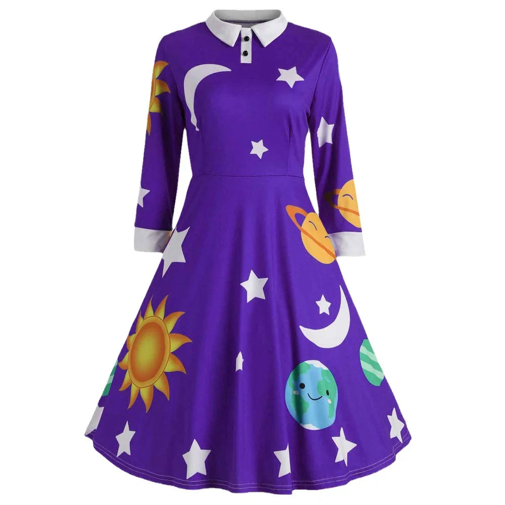 Magic School Bus Cosplay Ms.frizzle Costume Solar System Long Sleeves Gown Elegant Printed Blue Green Purple Girl Dress