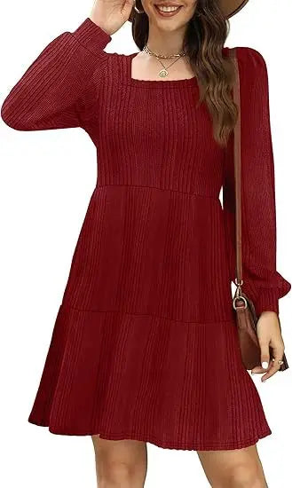 Womens Square Neck Long Sleeve Fall Tunic Dresses Casual Babydoll Sweater Dress with Pockets