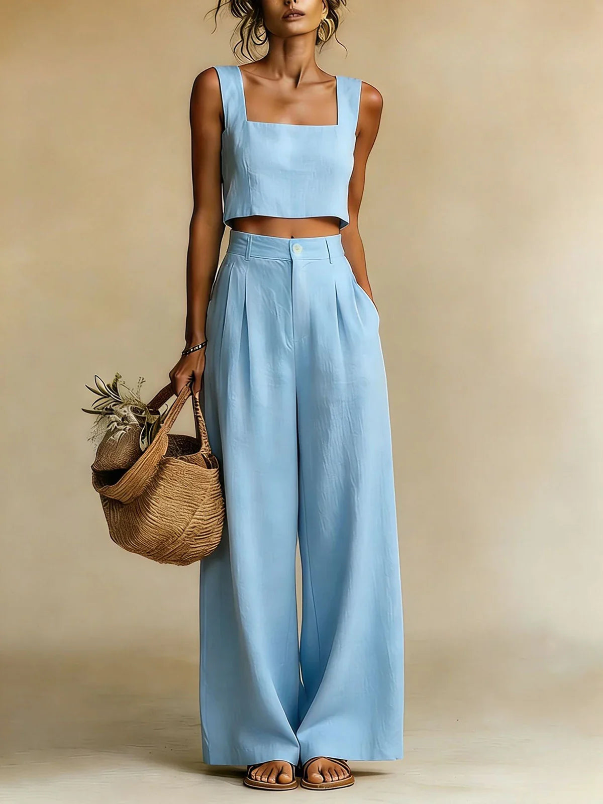 Haven Beck Peachy Palazzo Pants Set Sleeveless Square Neck Wide Leg