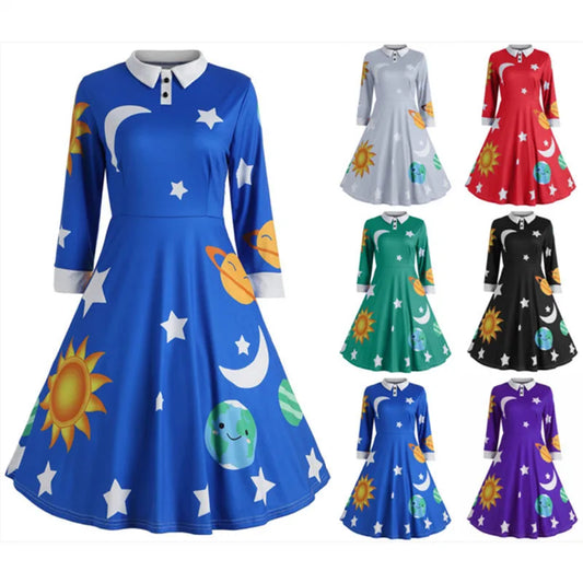 Magic School Bus Cosplay Ms.frizzle Costume Solar System Long Sleeves Gown Elegant Printed Blue Green Purple Girl Dress