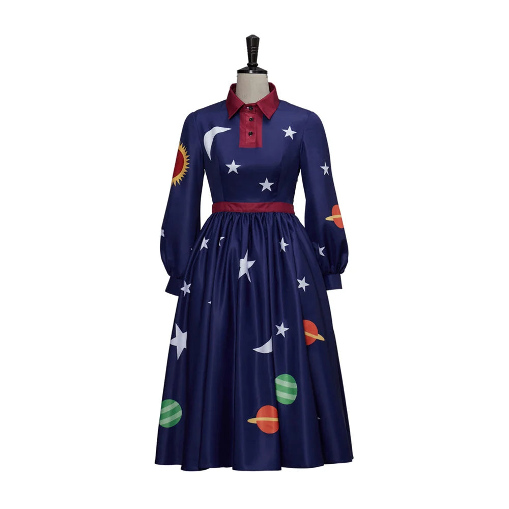 Magic School Bus Ms.Frizzle Cosplay Costumes Dark Blue Planet Printed Long Sleeves Dress Halloween Elegant Women's Outfits