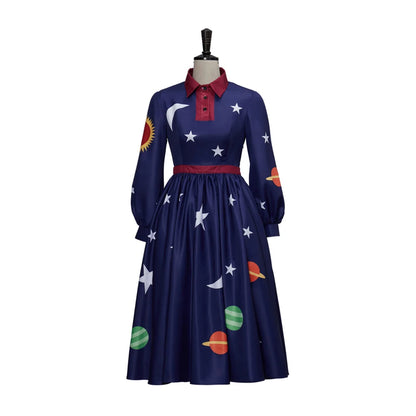 Magic School Bus Ms.Frizzle Cosplay Costumes Dark Blue Planet Printed Long Sleeves Dress Halloween Elegant Women's Outfits