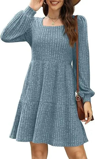 Womens Square Neck Long Sleeve Fall Tunic Dresses Casual Babydoll Sweater Dress with Pockets