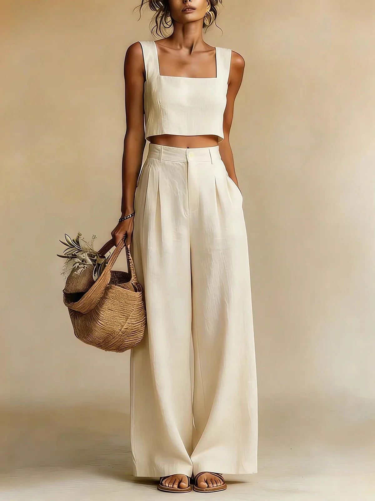 Haven Beck Peachy Palazzo Pants Set Sleeveless Square Neck Wide Leg