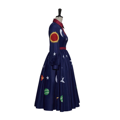 Magic School Bus Ms.Frizzle Cosplay Costumes Dark Blue Planet Printed Long Sleeves Dress Halloween Elegant Women's Outfits