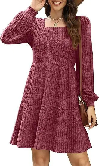 Womens Square Neck Long Sleeve Fall Tunic Dresses Casual Babydoll Sweater Dress with Pockets