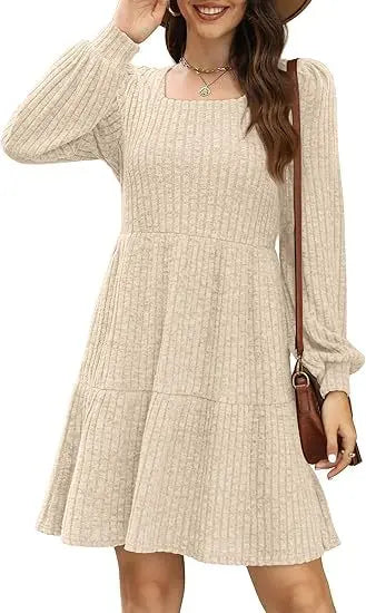 Womens Square Neck Long Sleeve Fall Tunic Dresses Casual Babydoll Sweater Dress with Pockets