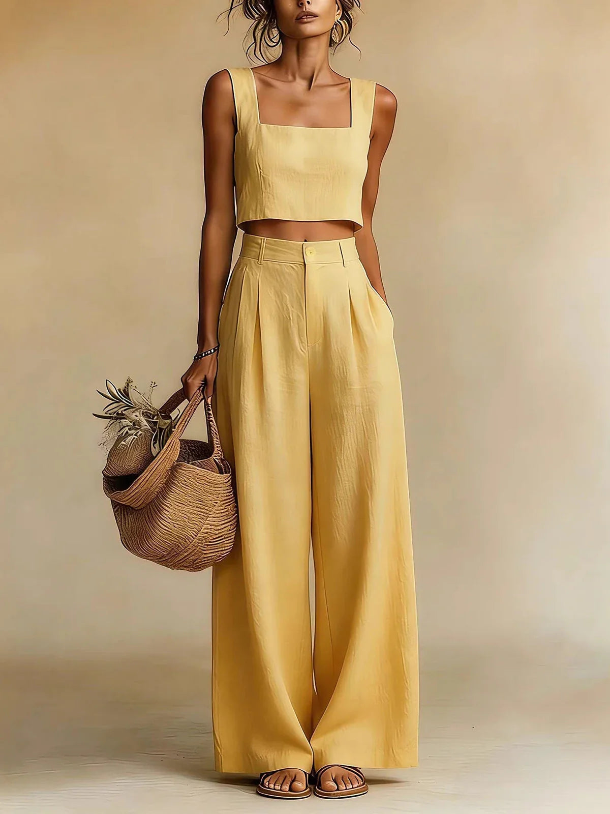 Haven Beck Peachy Palazzo Pants Set Sleeveless Square Neck Wide Leg