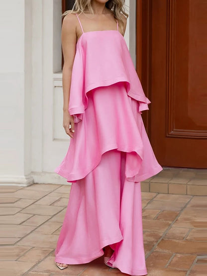 Satin Layered Maxi Dress Sleeveless Elegant Vacation Party Gown