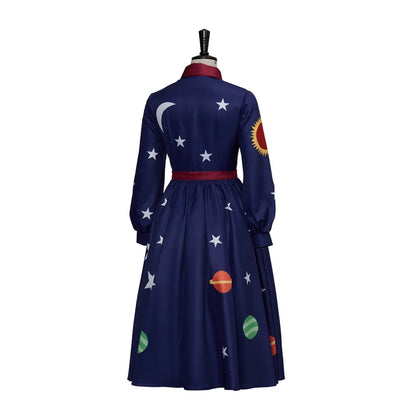 Magic School Bus Ms.Frizzle Cosplay Costumes Dark Blue Planet Printed Long Sleeves Dress Halloween Elegant Women's Outfits