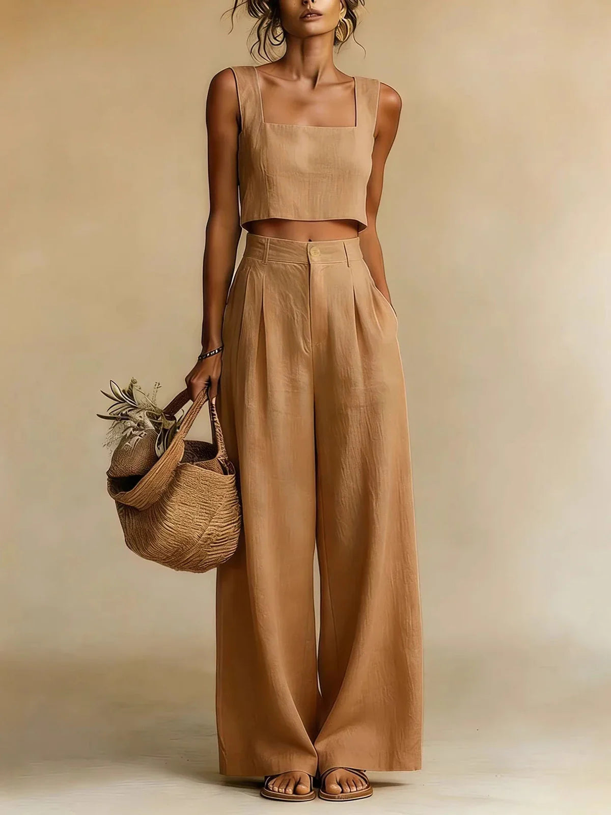 Haven Beck Peachy Palazzo Pants Set Sleeveless Square Neck Wide Leg