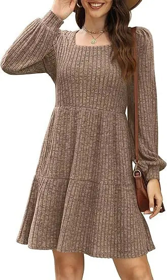 Womens Square Neck Long Sleeve Fall Tunic Dresses Casual Babydoll Sweater Dress with Pockets