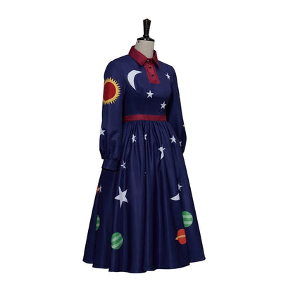 Magic School Bus Ms.Frizzle Cosplay Costumes Dark Blue Planet Printed Long Sleeves Dress Halloween Elegant Women's Outfits
