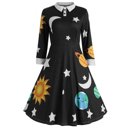 Magic School Bus Cosplay Ms.frizzle Costume Solar System Long Sleeves Gown Elegant Printed Blue Green Purple Girl Dress