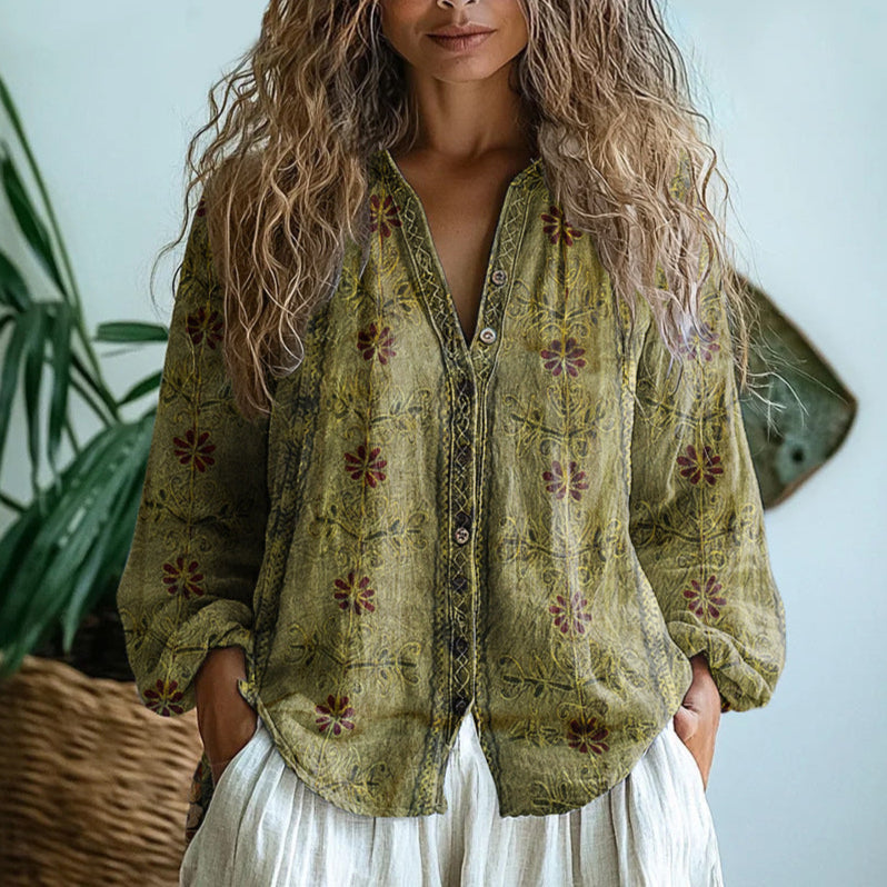 Elena — Vintage Leaf Print Button-Down Shirt