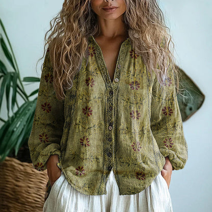 Elena — Vintage Leaf Print Button-Down Shirt