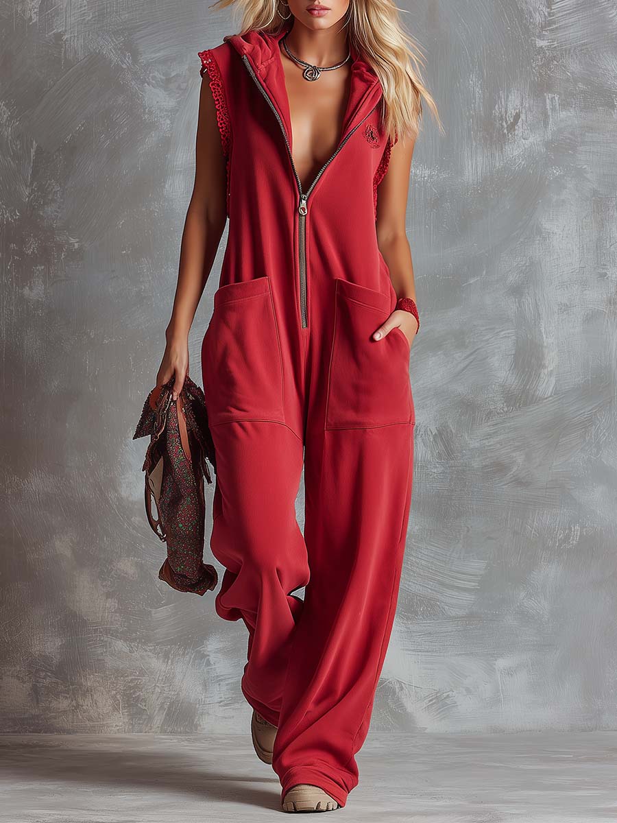 Women's Breathable Cotton Jumpsuit | Sporty Hooded V-Neck with Zipper 0
