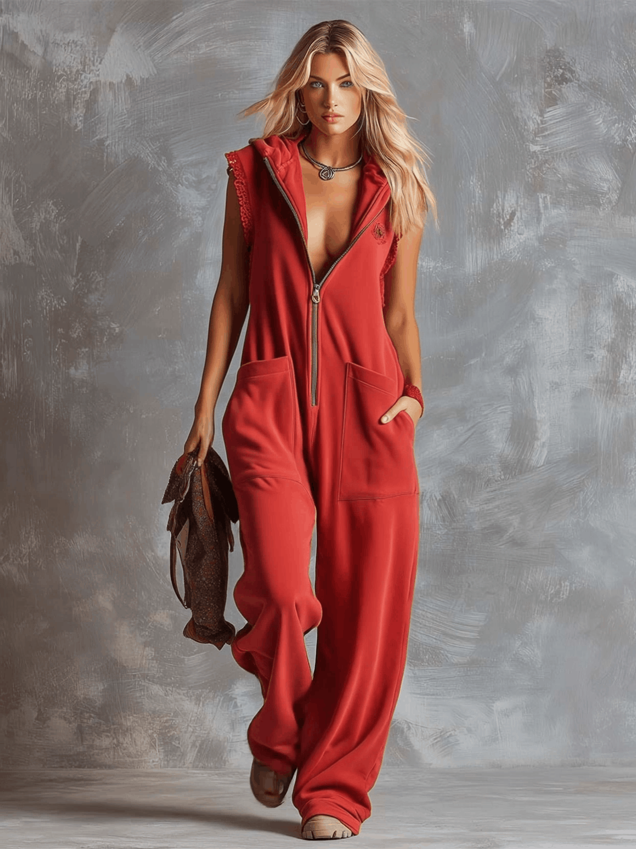 Women's Breathable Cotton Jumpsuit | Sporty Hooded V-Neck with Zipper 1