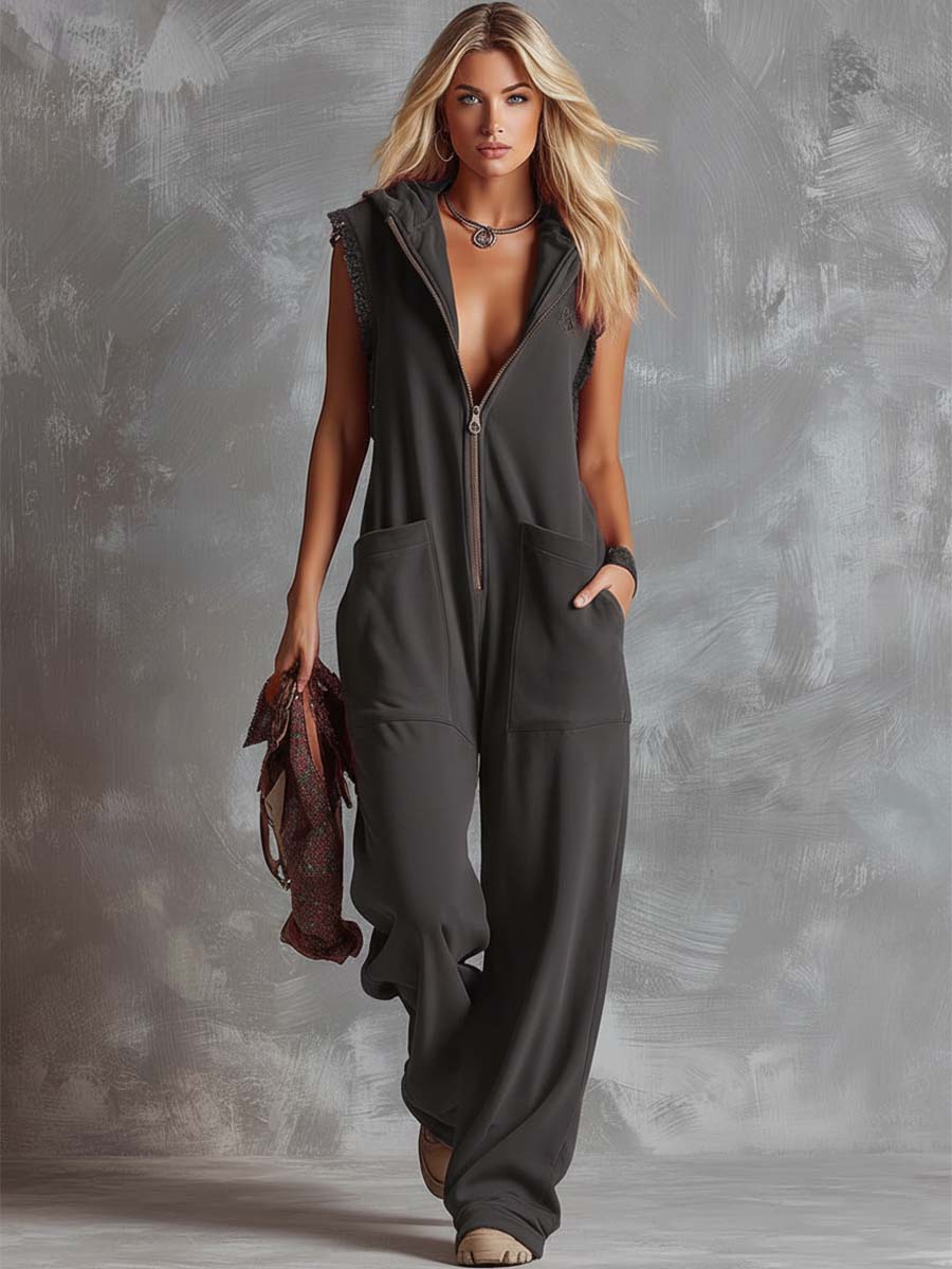 Women's Breathable Cotton Jumpsuit | Sporty Hooded V-Neck with Zipper 3