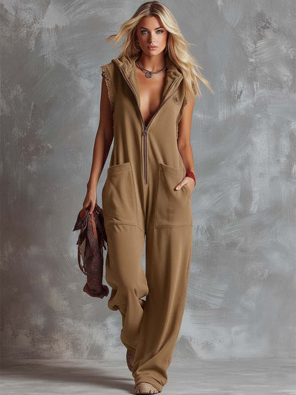 Women's Breathable Cotton Jumpsuit | Sporty Hooded V-Neck with Zipper 4