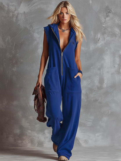 Women's Breathable Cotton Jumpsuit | Sporty Hooded V-Neck with Zipper 5