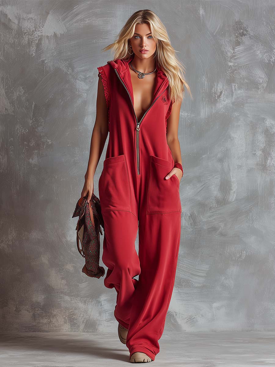Women's Breathable Cotton Jumpsuit | Sporty Hooded V-Neck with Zipper 6