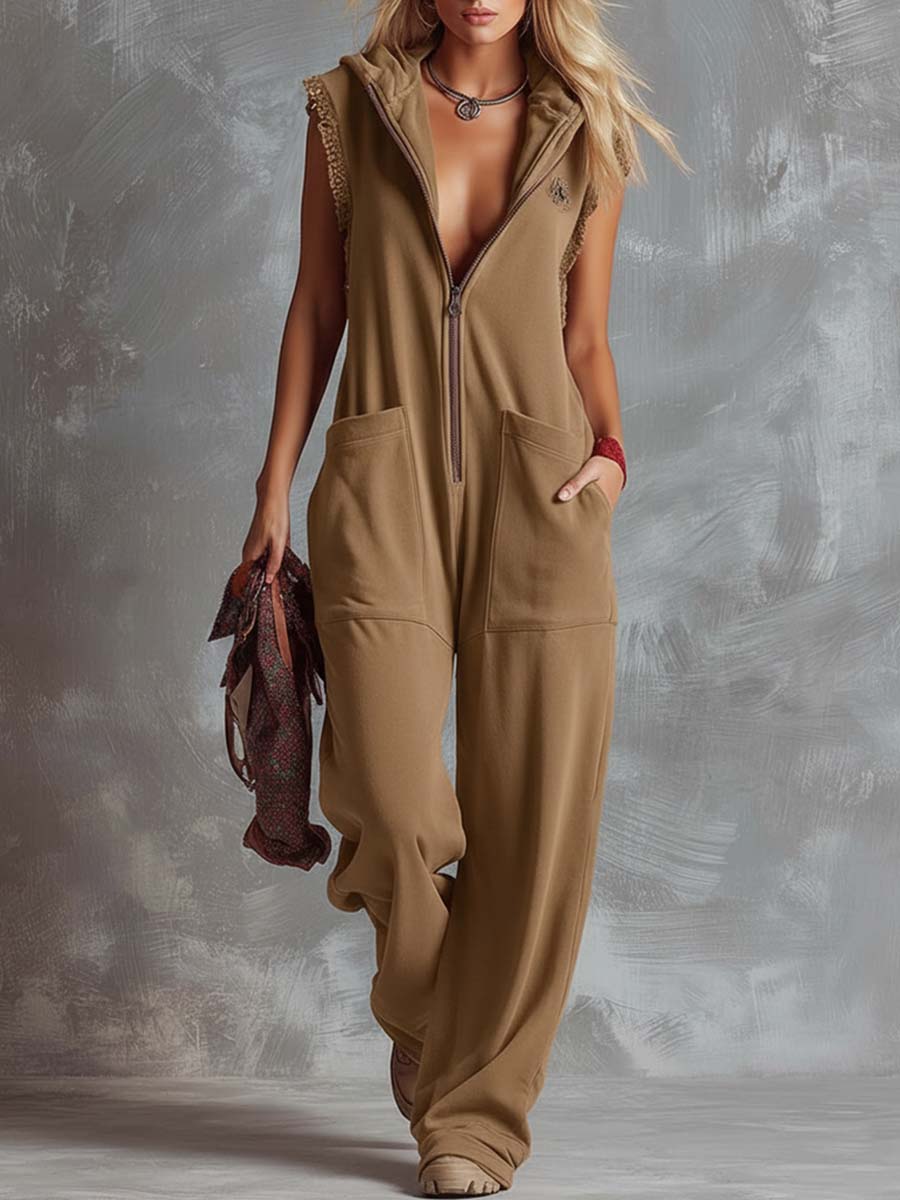 Women's Breathable Cotton Jumpsuit | Sporty Hooded V-Neck with Zipper 9