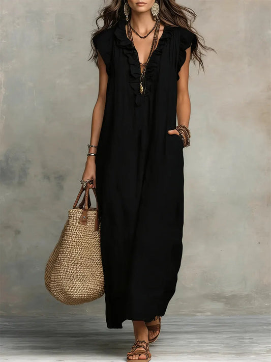 Women's Breathable Cotton Linen Dress | Elegant Ruffled Casual Summer Outfit 0