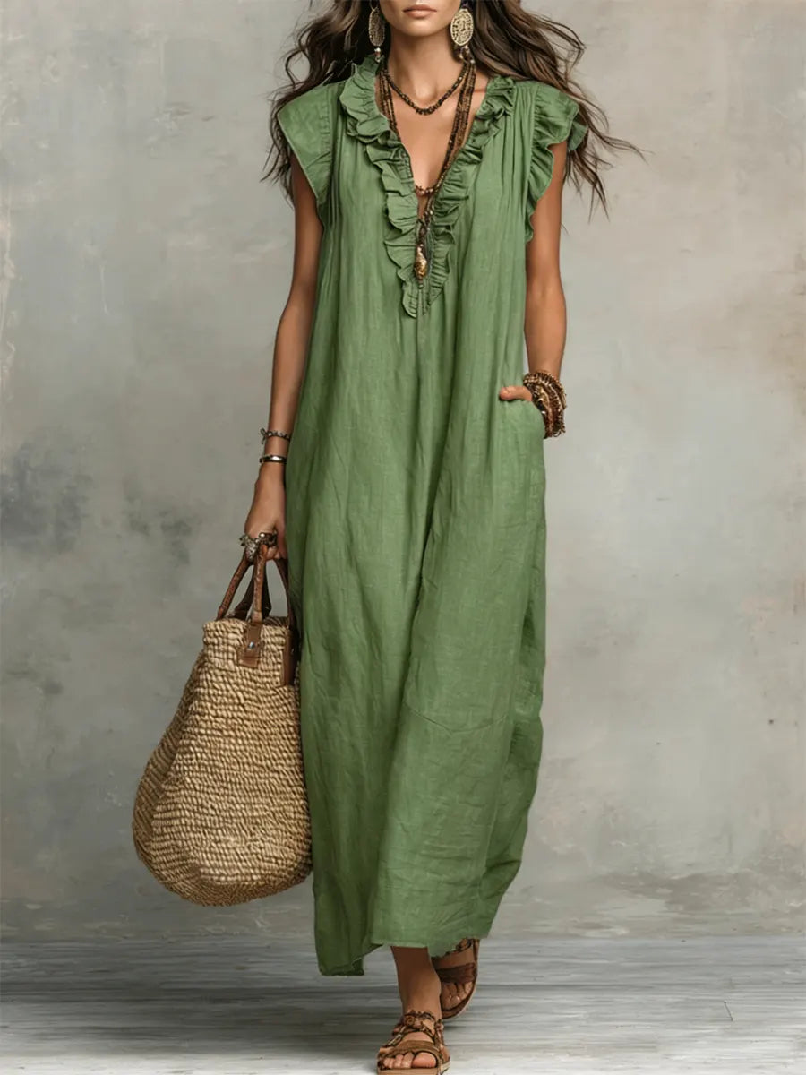 Women's Breathable Cotton Linen Dress | Elegant Ruffled Casual Summer Outfit 1