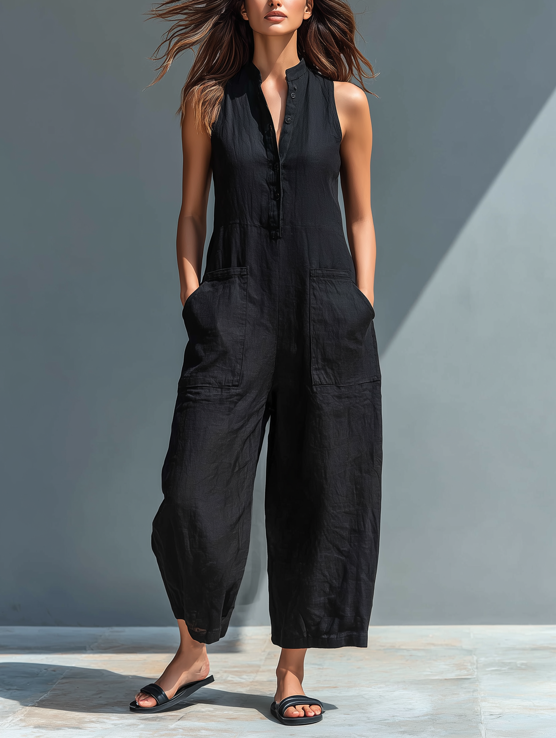 Women's Breathable Linen Blend Jumpsuit | Relaxed Sleeveless Casual Outfit 0