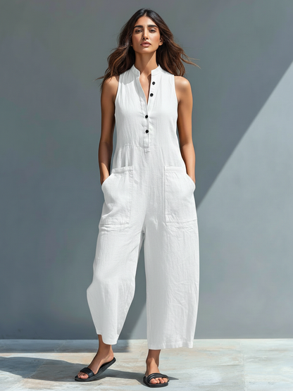Women's Breathable Linen Blend Jumpsuit | Relaxed Sleeveless Casual Outfit 6
