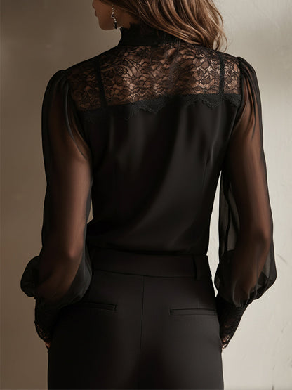 Women's Chiffon Blouse | Elegant Lace Tie Neck Long Sleeve Top 2